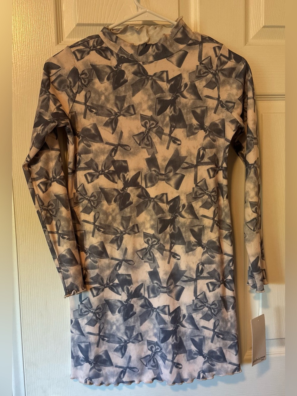 Girls Long Sleeve Bow Print Casual Dress - Gray & White
